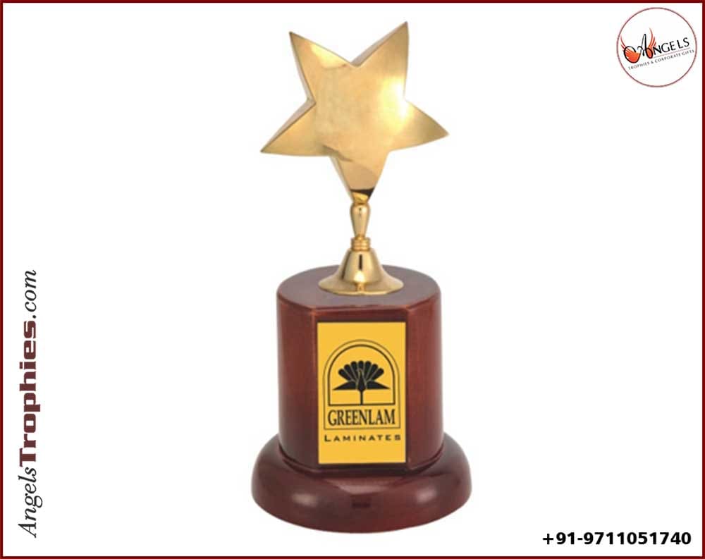 metal golden star with wooden base with trophy award