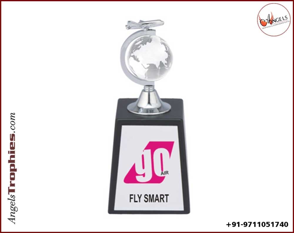 globe award trophy with rotating globe with wooden base