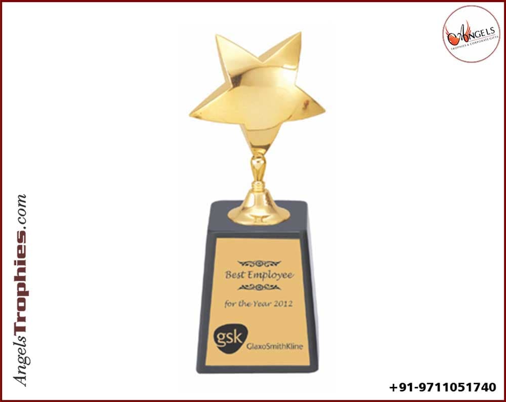 metal golden star with wooden base with award