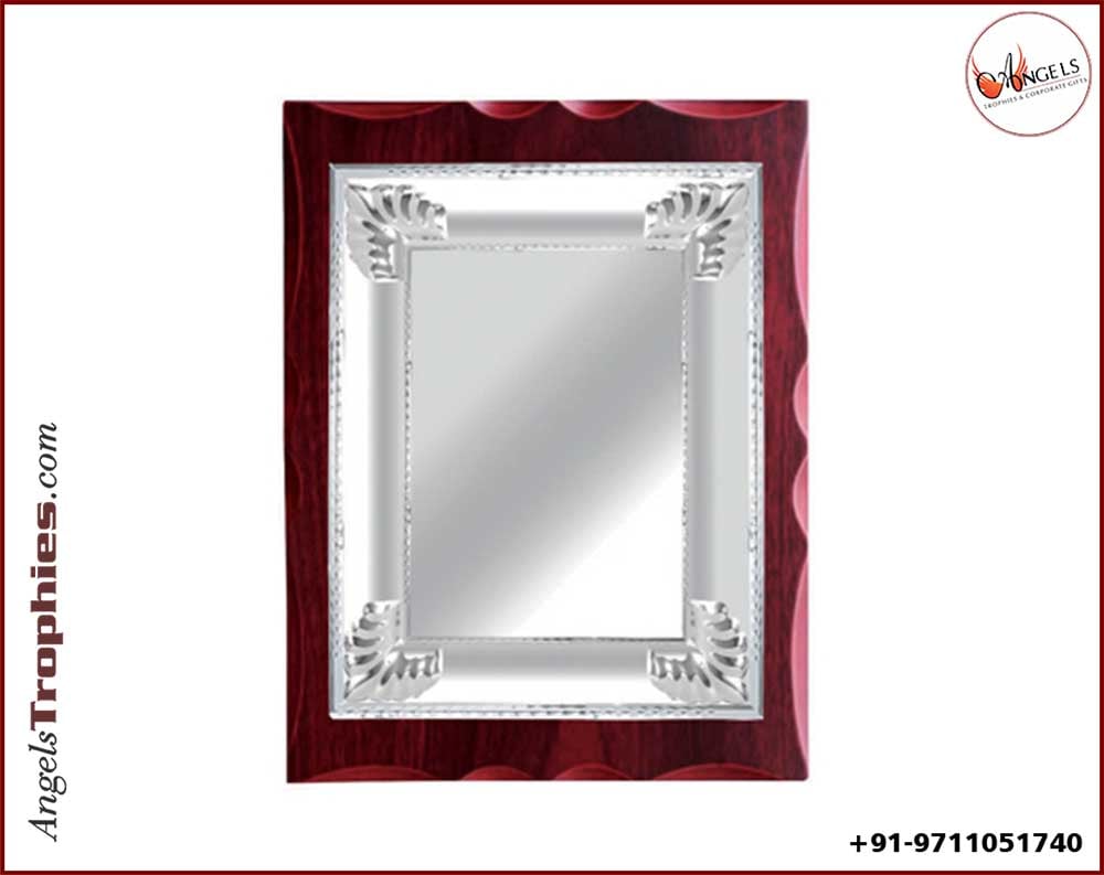 wooden plaque with metal silver frame plaque
