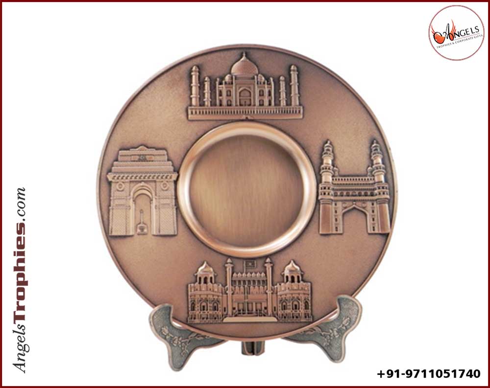 metal bronze plaque with etching indian monuments with metal stand