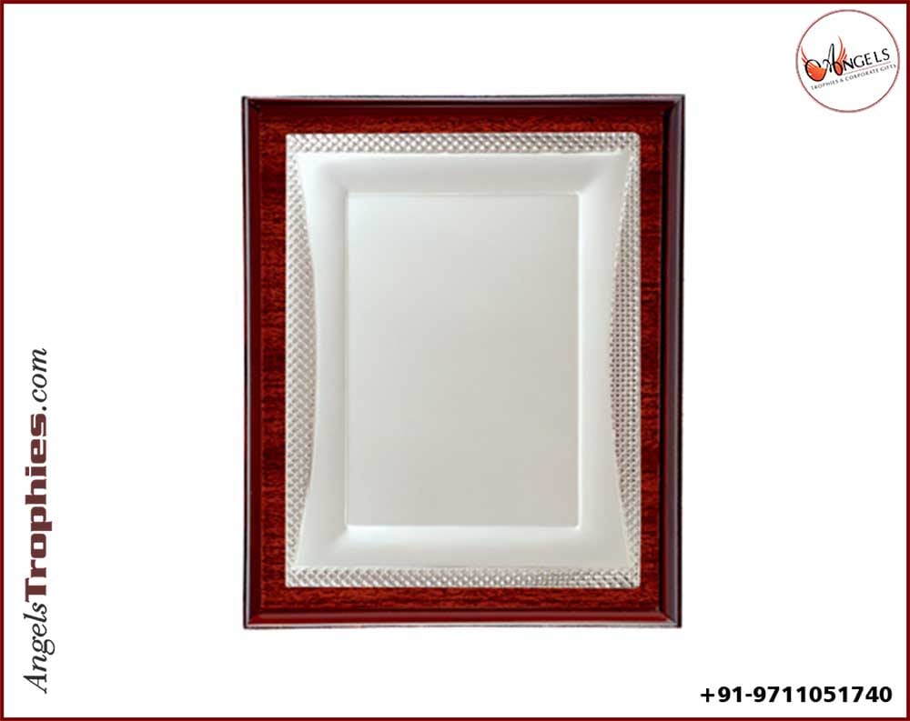 wooden plaque award with metal silver frame
