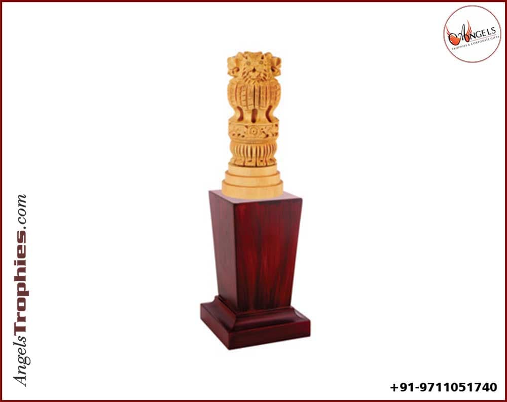 Trophy Award with polyresin ashok stambh with wooden base