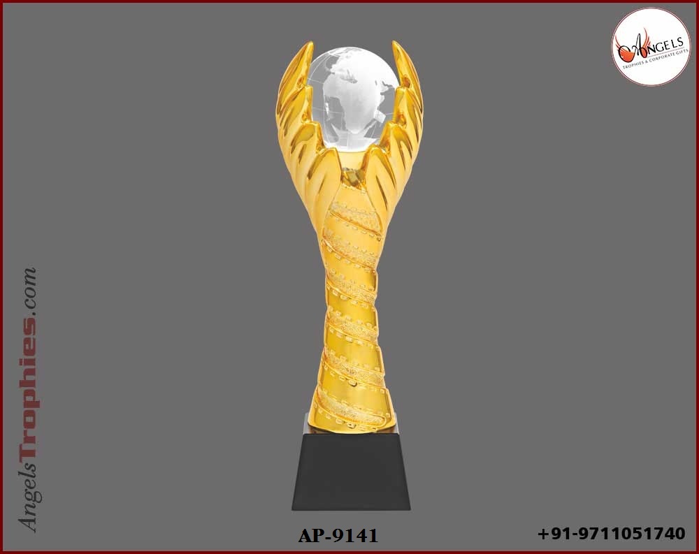 metal golden figure eagle shape with crystal globe with crystal black base