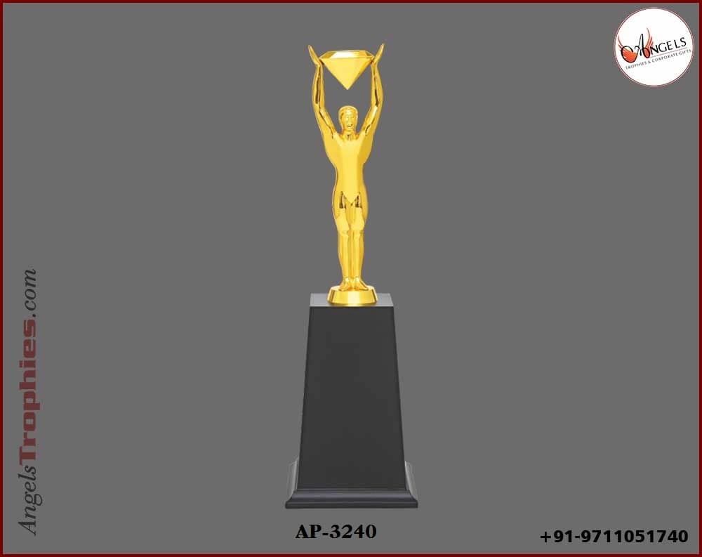 Metal golden man with handle golden diamond with wooden black base