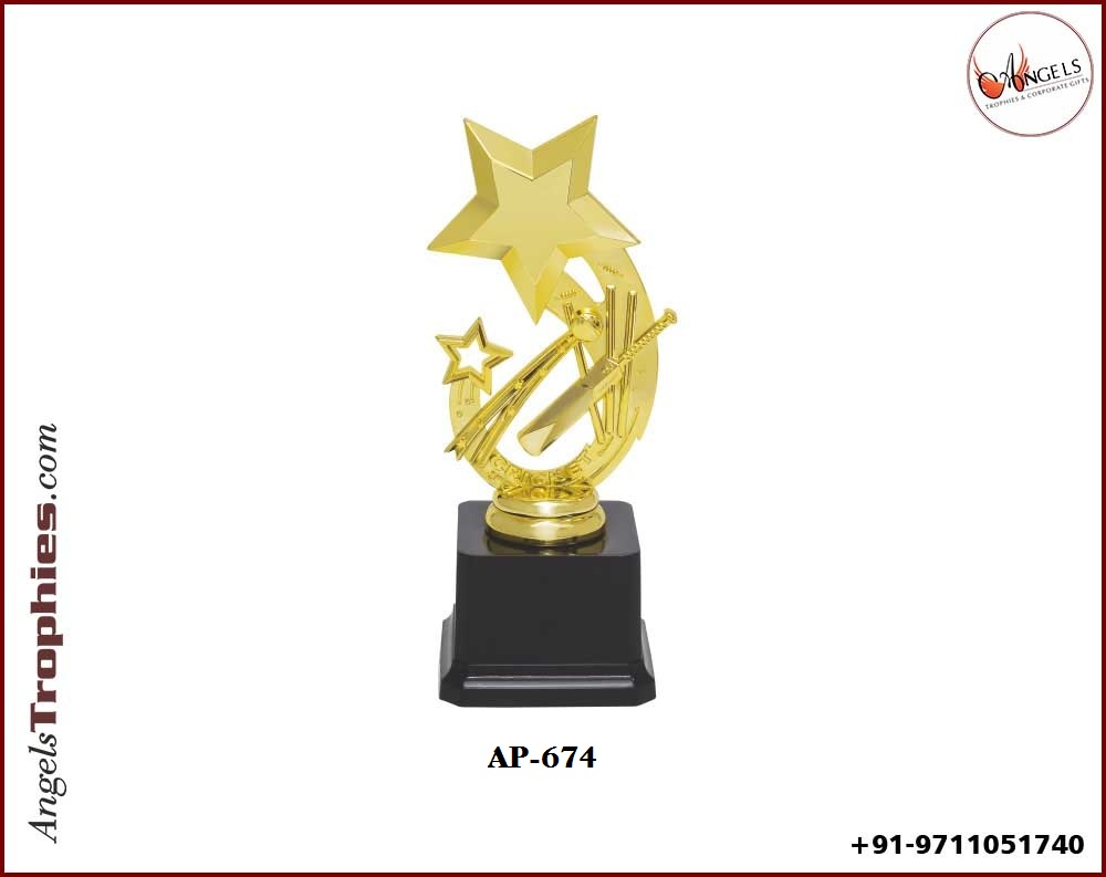 plastic fibre trophy with gold star with cricket bat trophy with plastic base