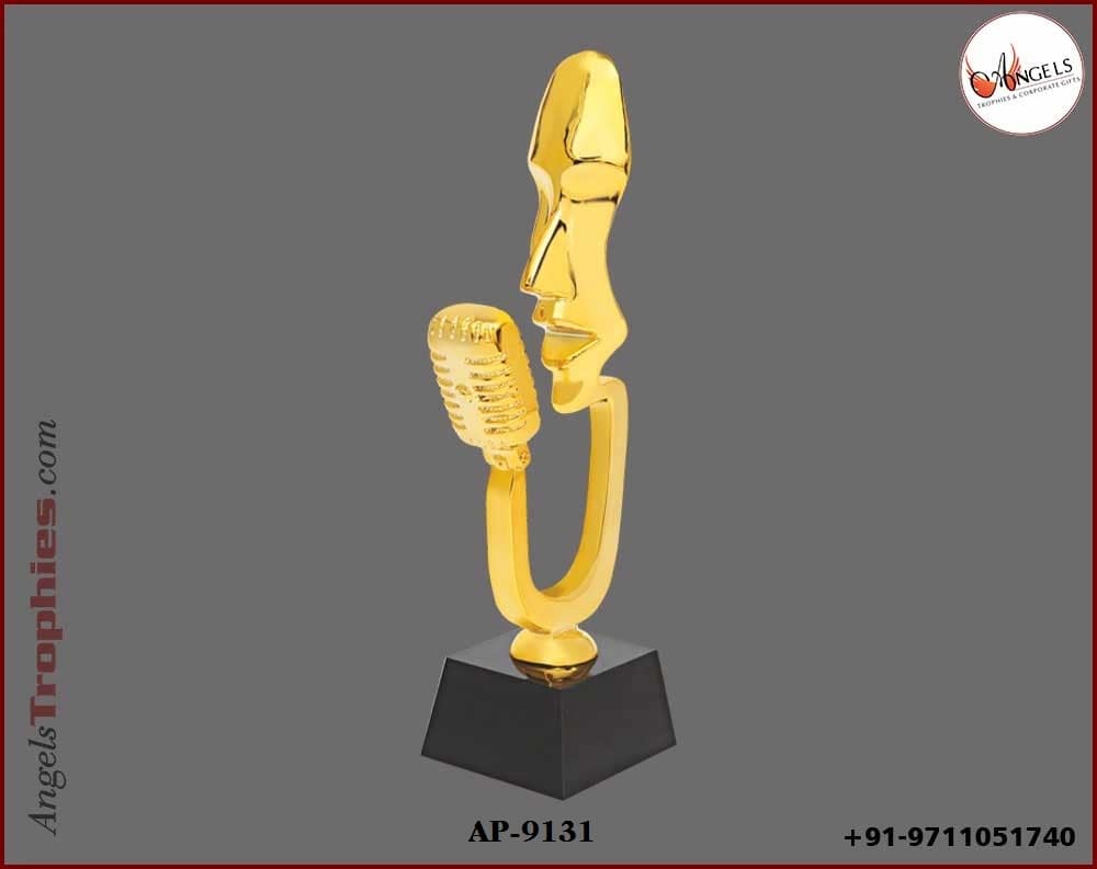 metal golden mic lady trophy with black crystal base heavy trophy