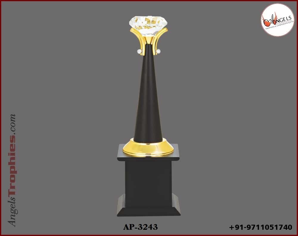 metal black pillor with crystal diamond with wooden black base