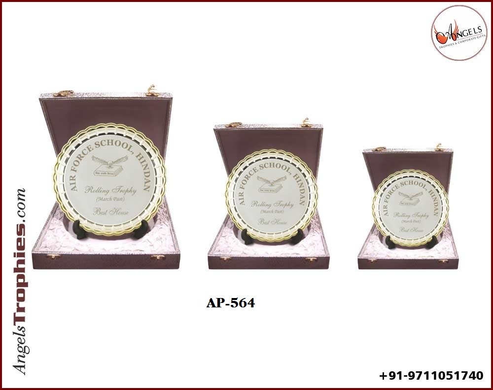 Metal Silver Shiled plate with velvet box with wooden base premium shield