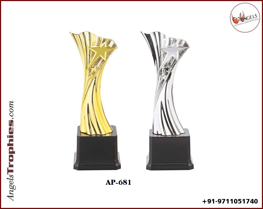 plastic fibre star with golden and silver trophy with base
