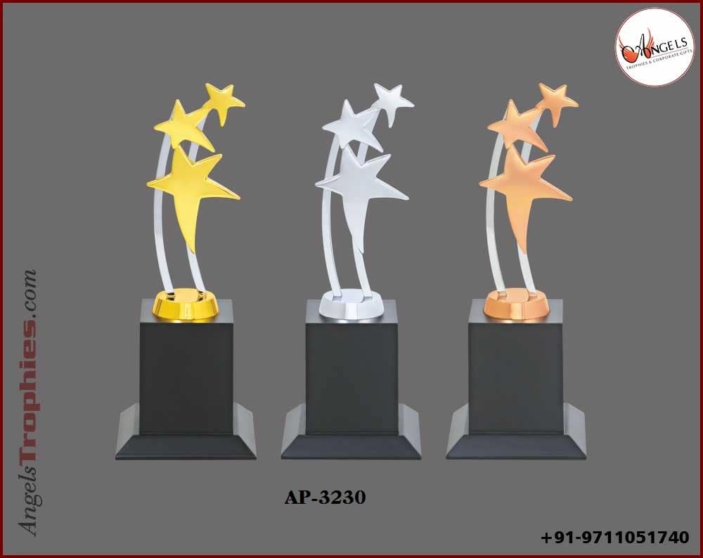 Metal three star golden silver bronze with wooden base