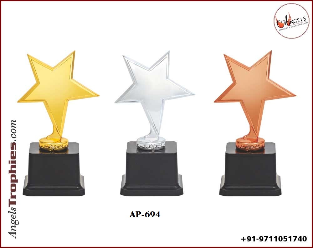 Fibre Plastic Trophy with star shape with gold silver bronze with black base