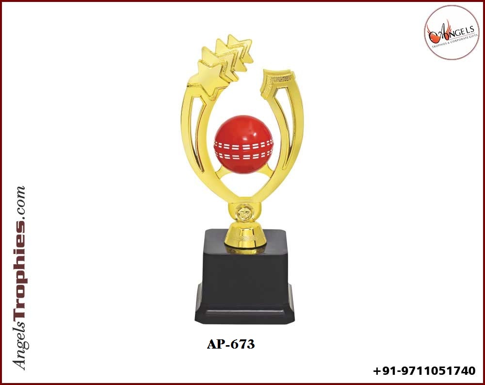 Plastic fiber trophy with cricket ball with star with black base