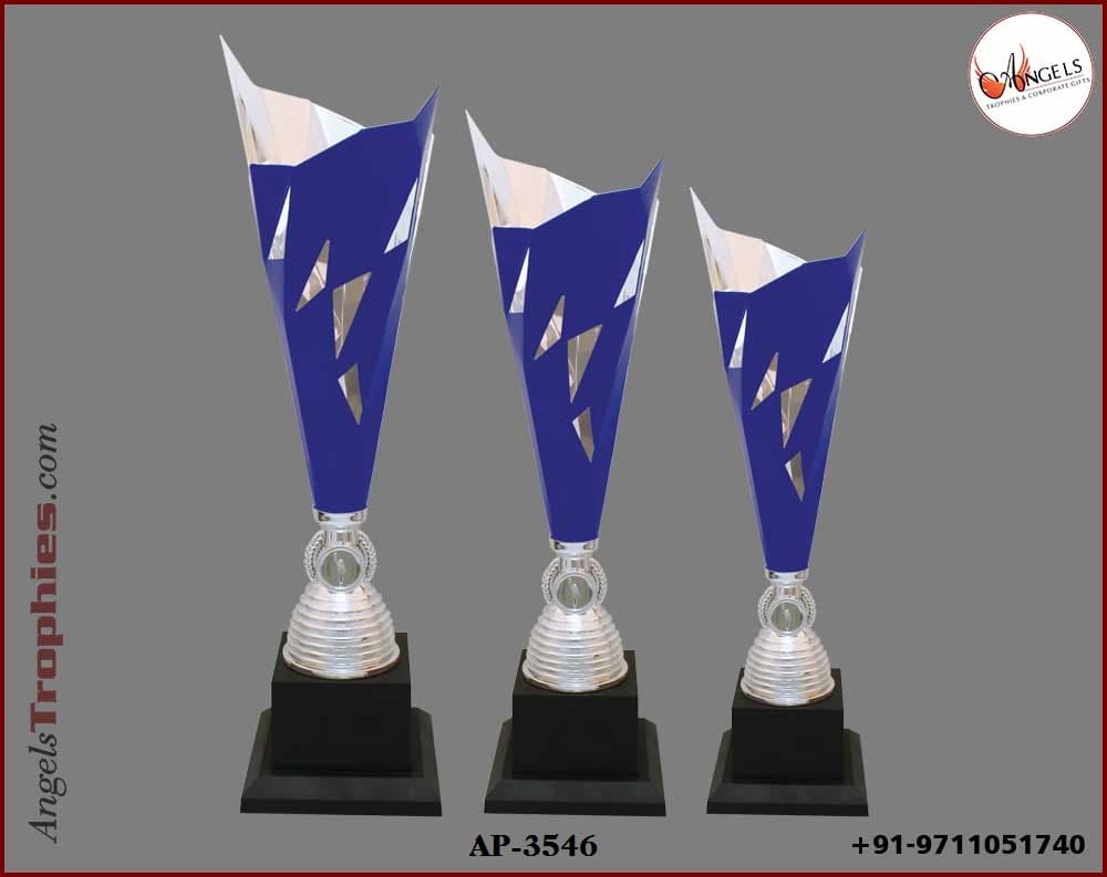 plastic fiber trophy silver blue with base