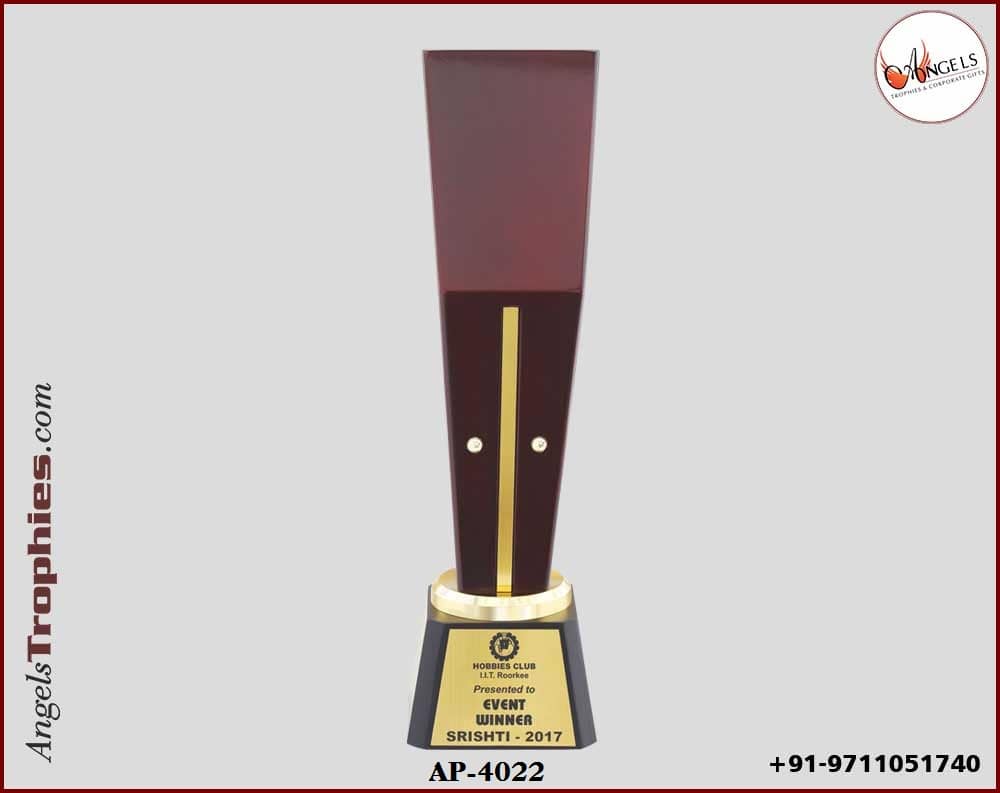 wooden trophy with metal katori with wooden base