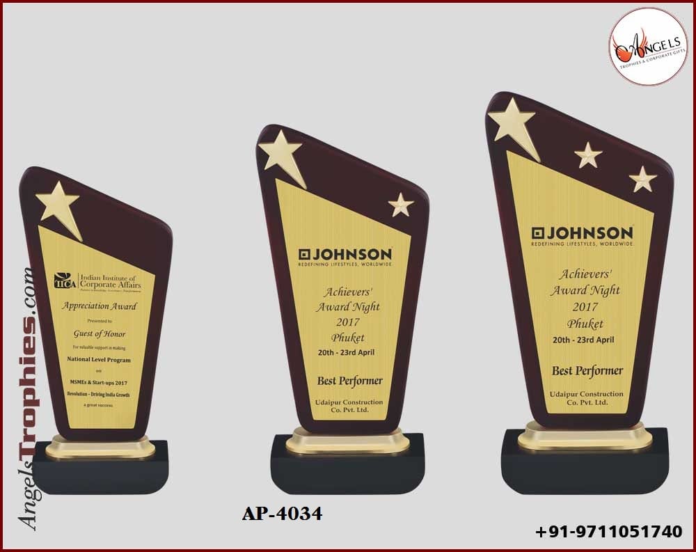 wooden award trophy with metal golden star with wooden base