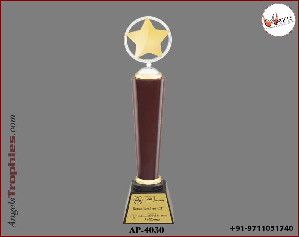 wooden pillor trophy with metal golden star with wooden base