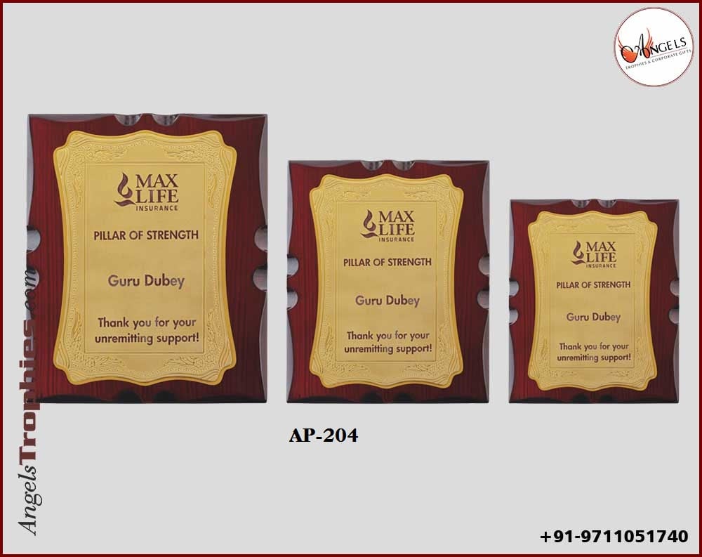wooden award with golden foil with printing