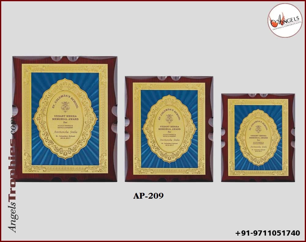 wooden shield plaque with golden blue foil with wall table