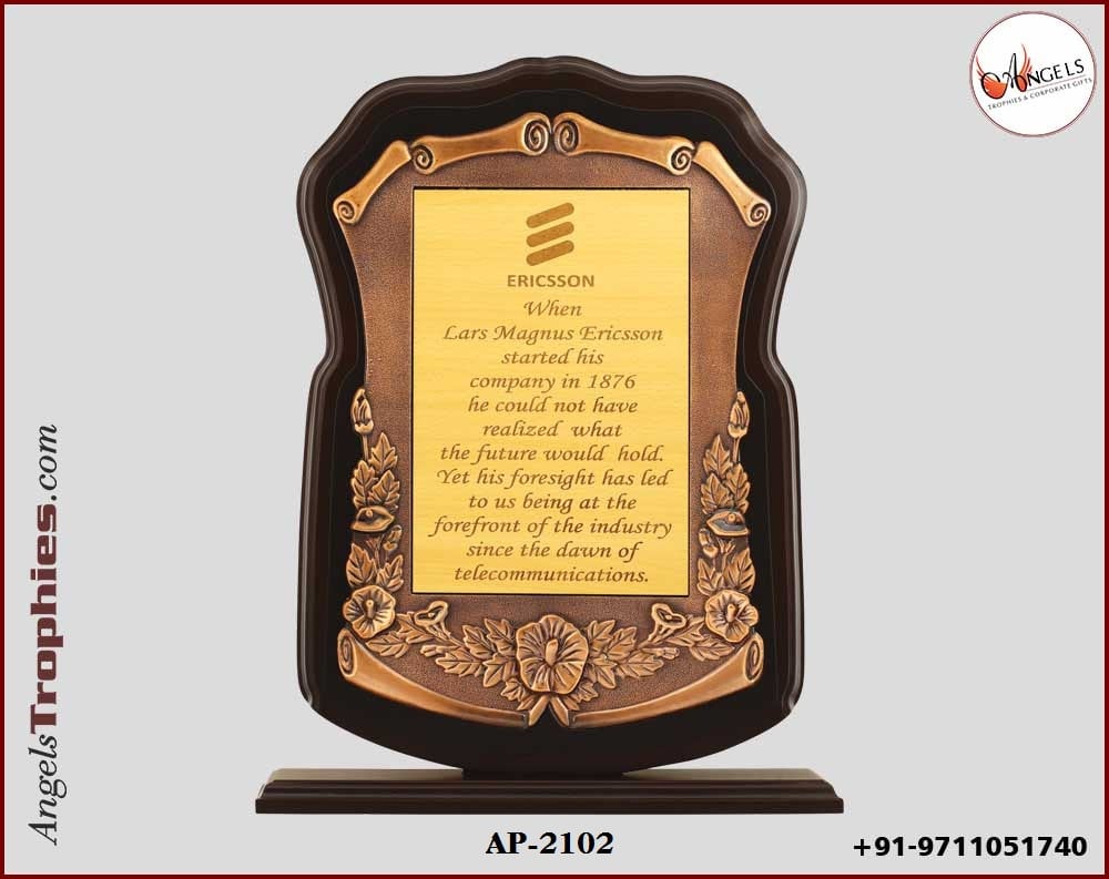 Wooden shield plaque wiht bronze frame with wooden stand