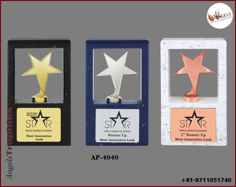 wooden window plaque with blue black and white marble with gold silver bronze metal star