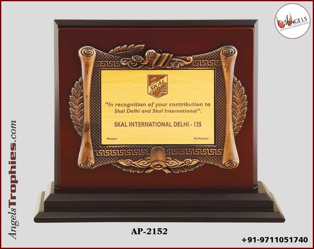 Wooden shield plaque award with bronze frame with wooden base