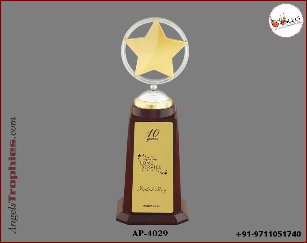 wooden award trophy with metal golden star with wooden base