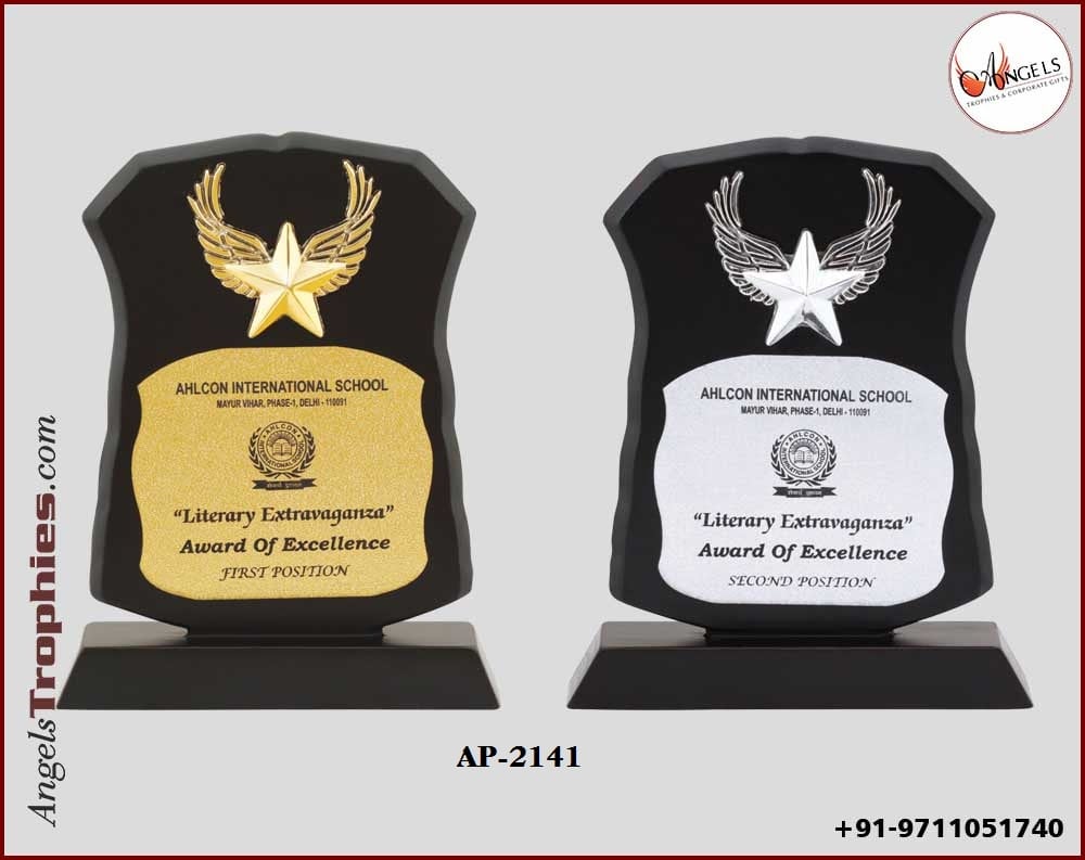 Wooden award shield trophy with golden star school award with wooden base