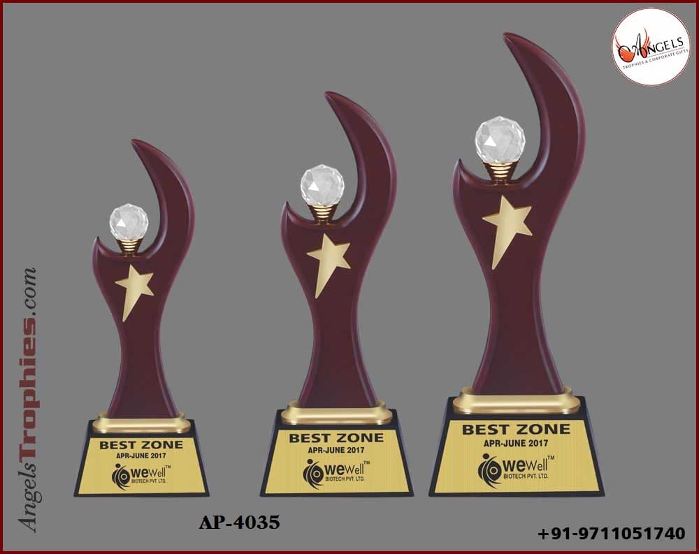 wooden award trophy with lady trophy with diamond trophy with wooden base