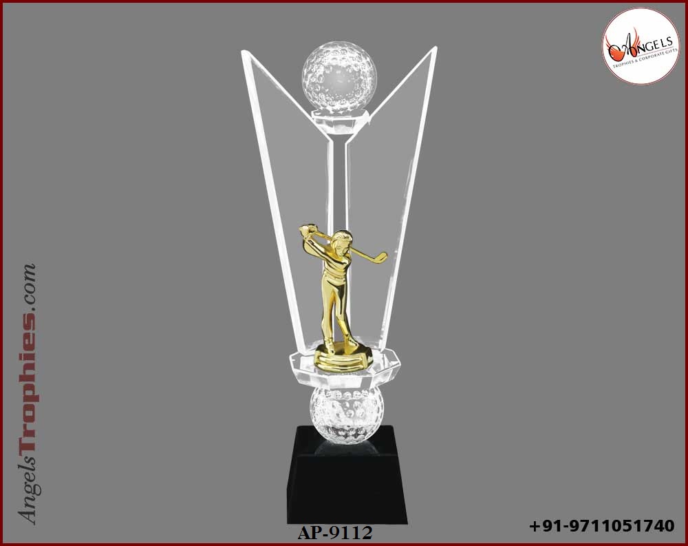 crystal trophy golf award with gold golf men trophy with base