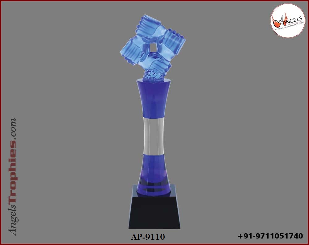 crystal blue trophy award handshake with base with