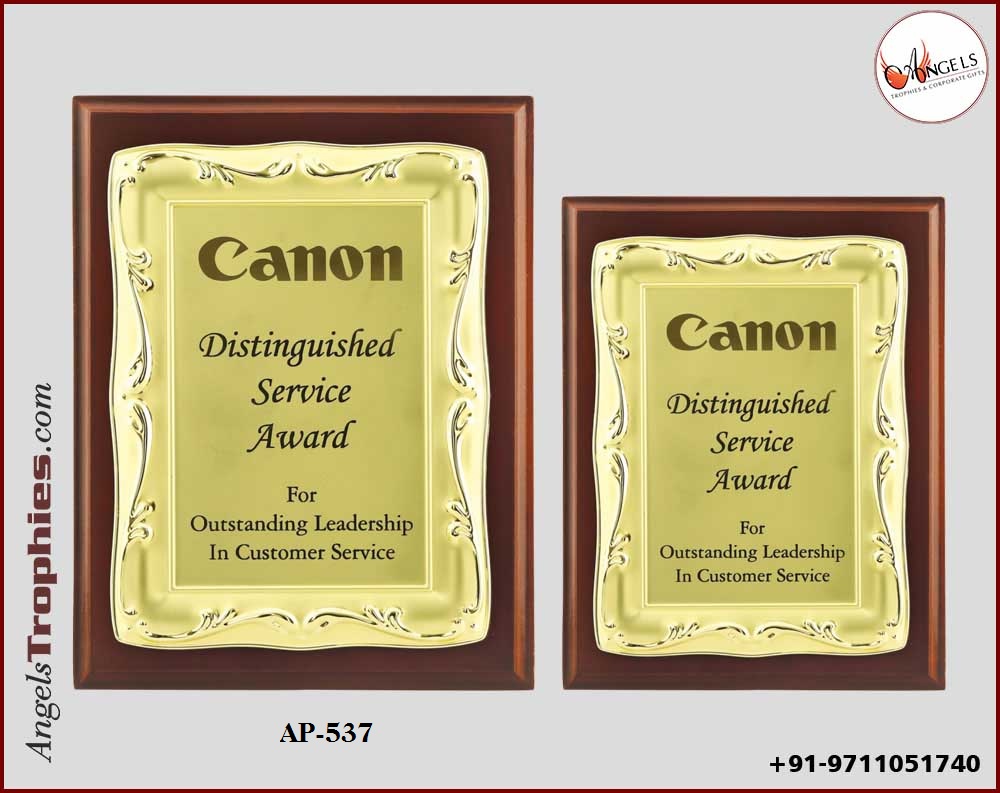 wooden shield award plaque with golden metal frame