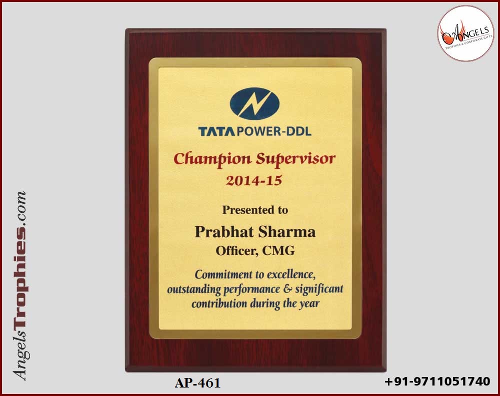 wooden shield award plaque with golden metal frame