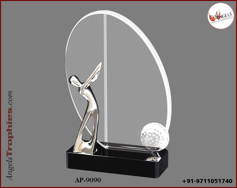 crystal golf silver metal man with golf with base