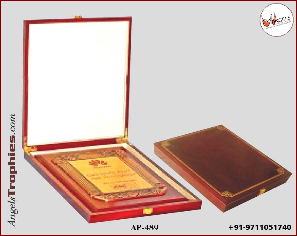 wooden award plaque with box with wooden shield