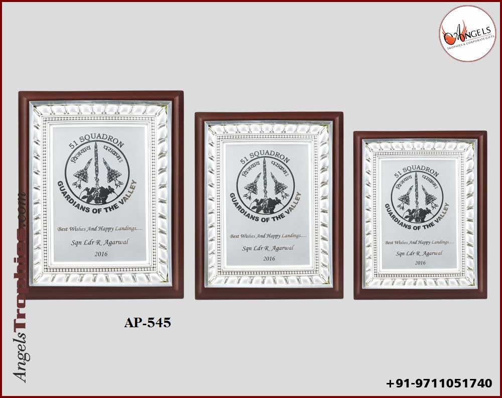 wooden shield award plaque with silver frame