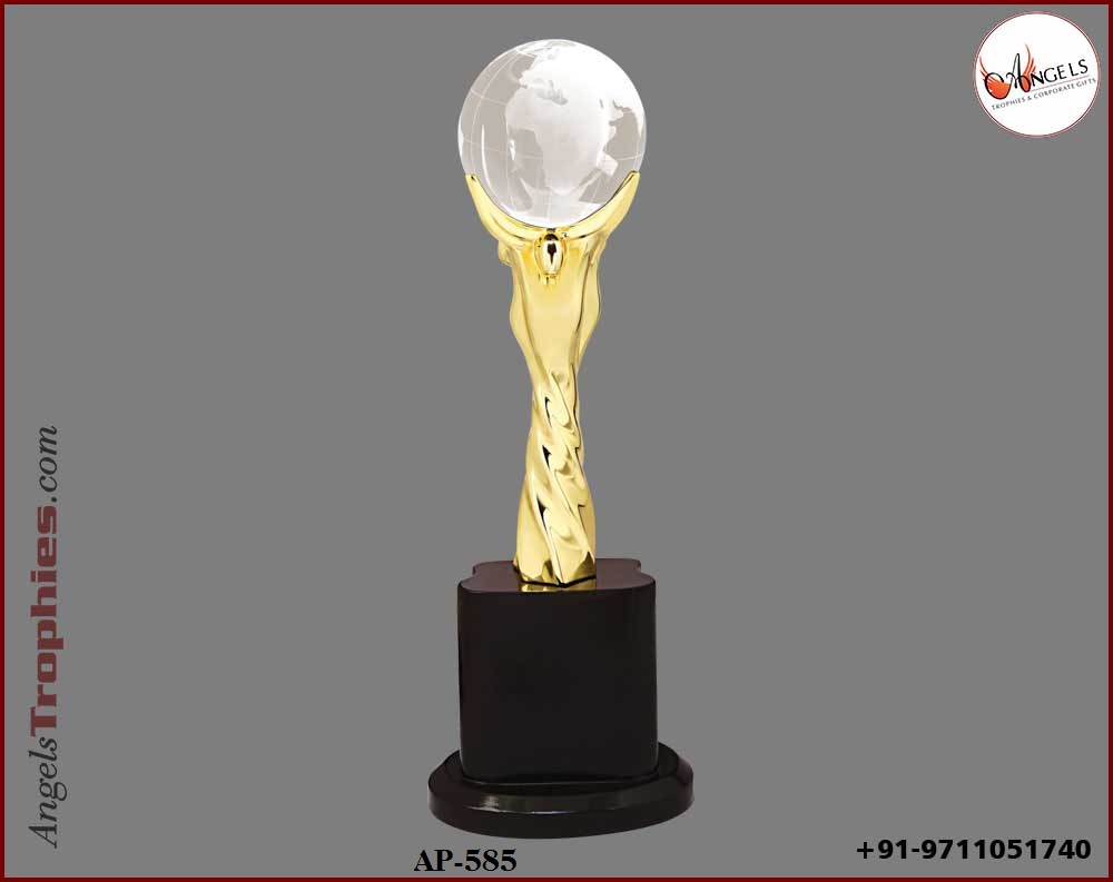 metal trophy with crystal globe with wooden base