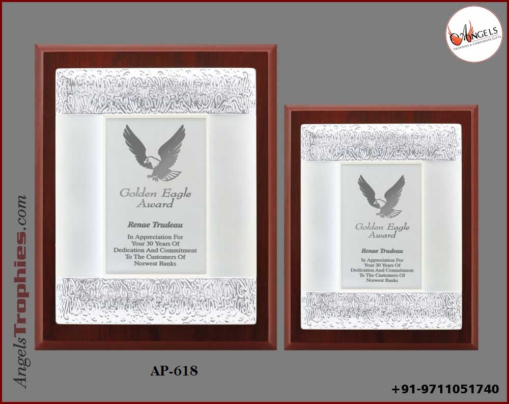 shield award wooden plaque with metal silver plate