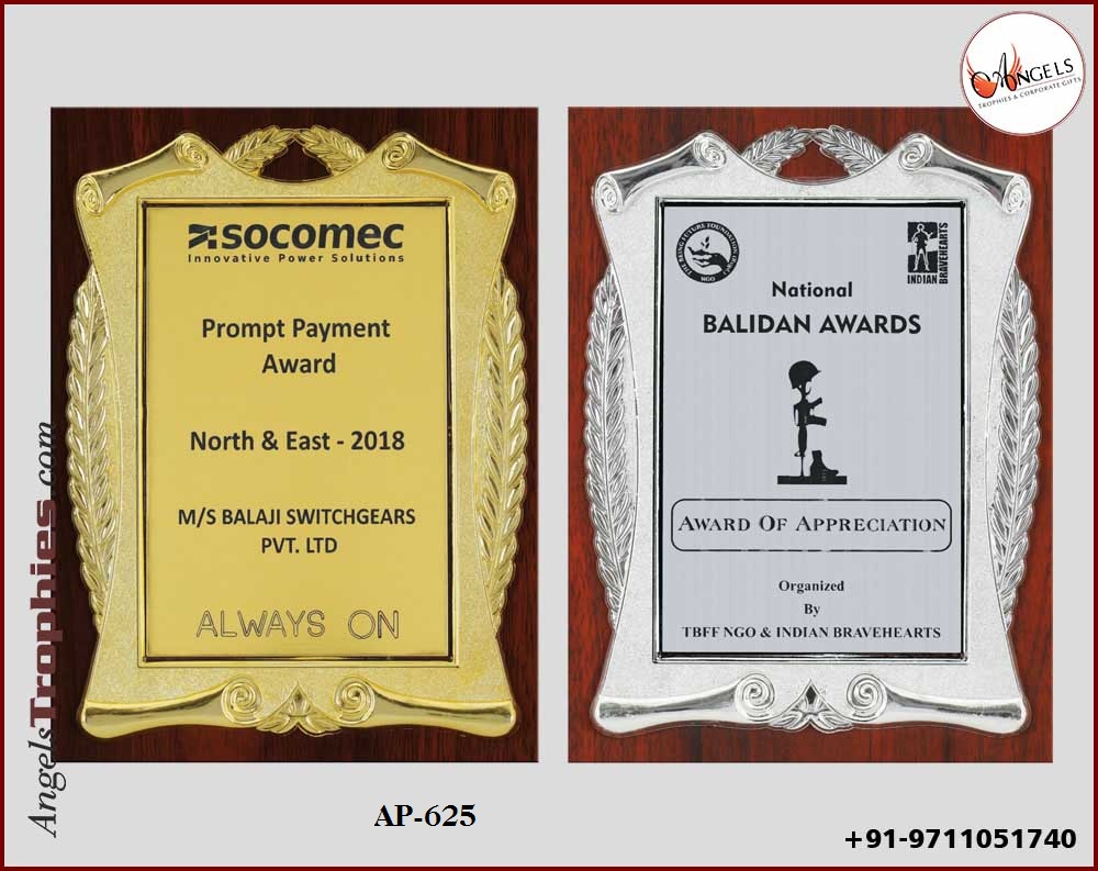 wooden shield award plaque with golden and silver frame