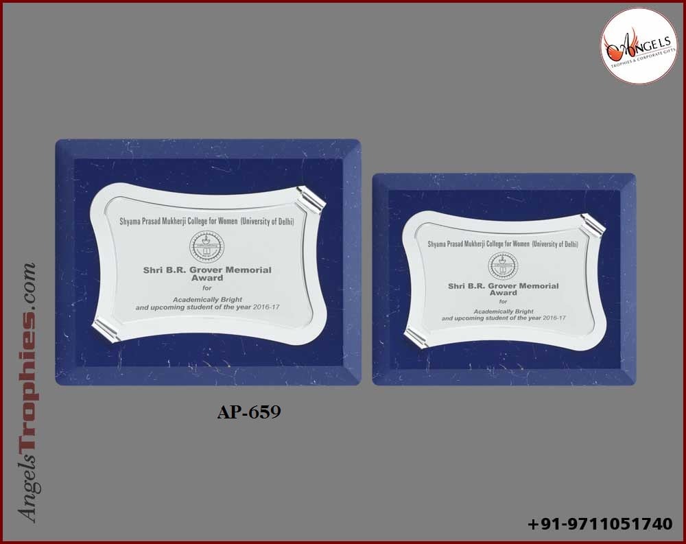 wooden plaque with blue award with silver award