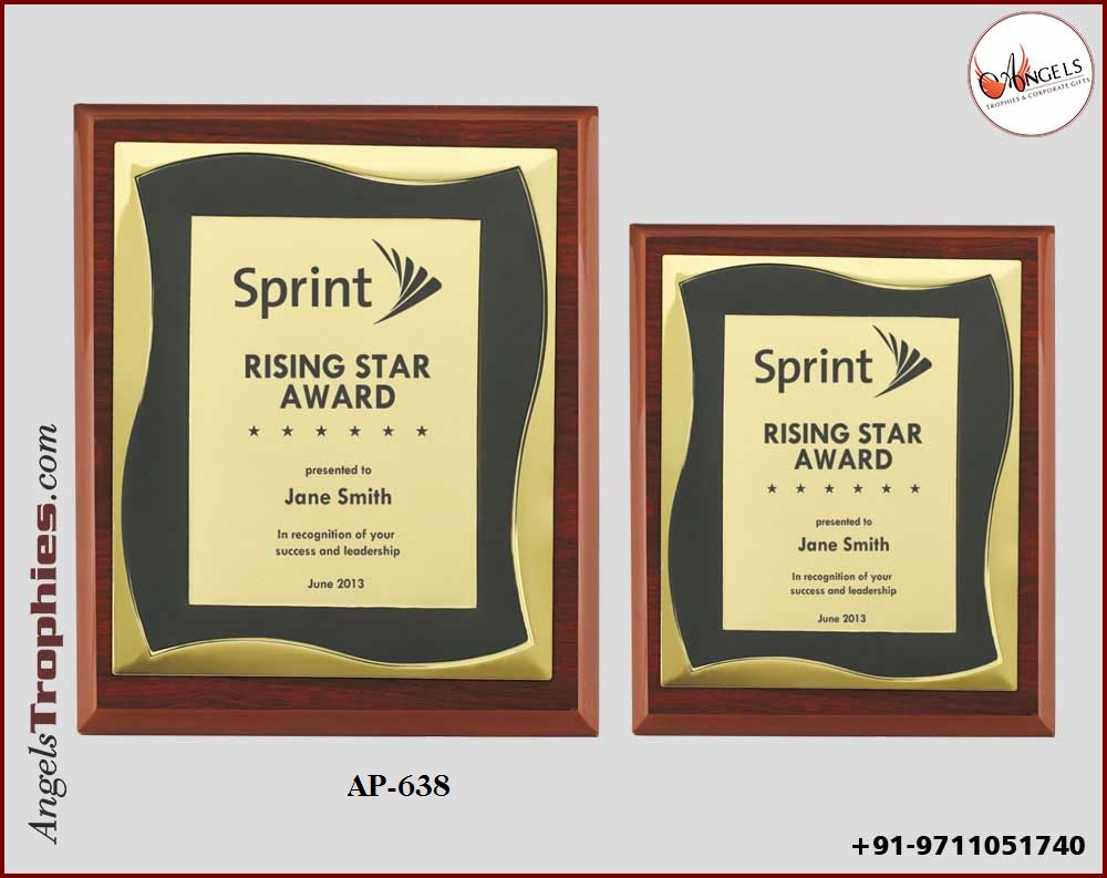 wooden shield award plaque with metal golden frame