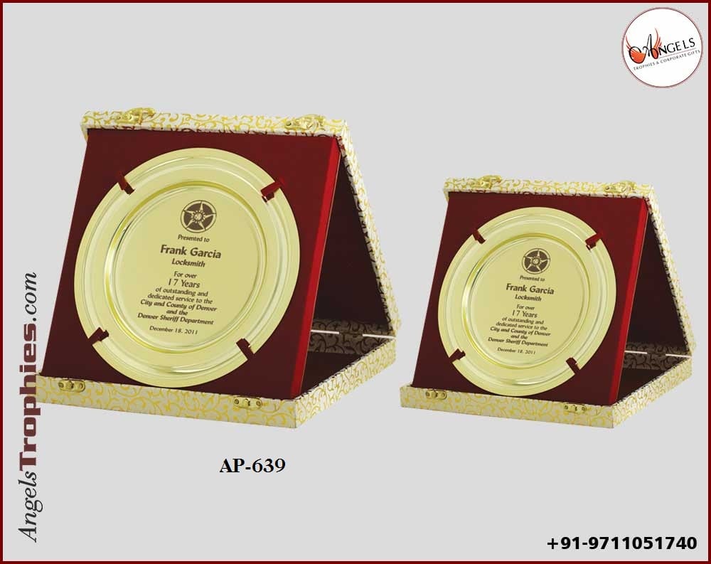 wooden award trophy with velvet box with metal golden plate