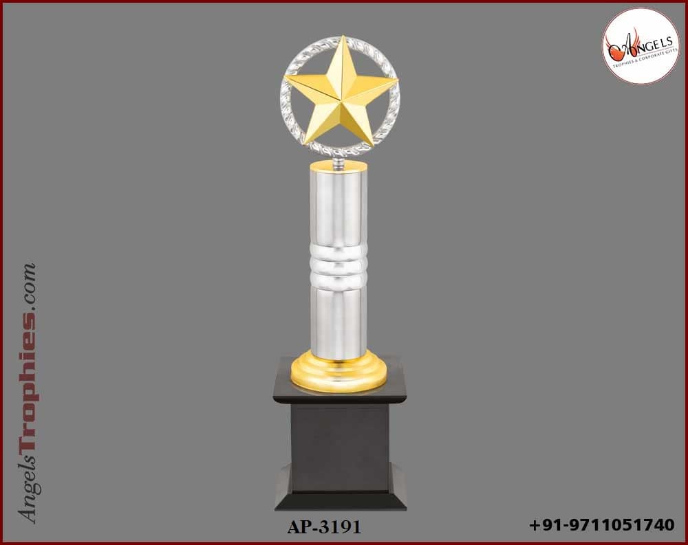 metal silver trophy award trophy with golden metal star with base