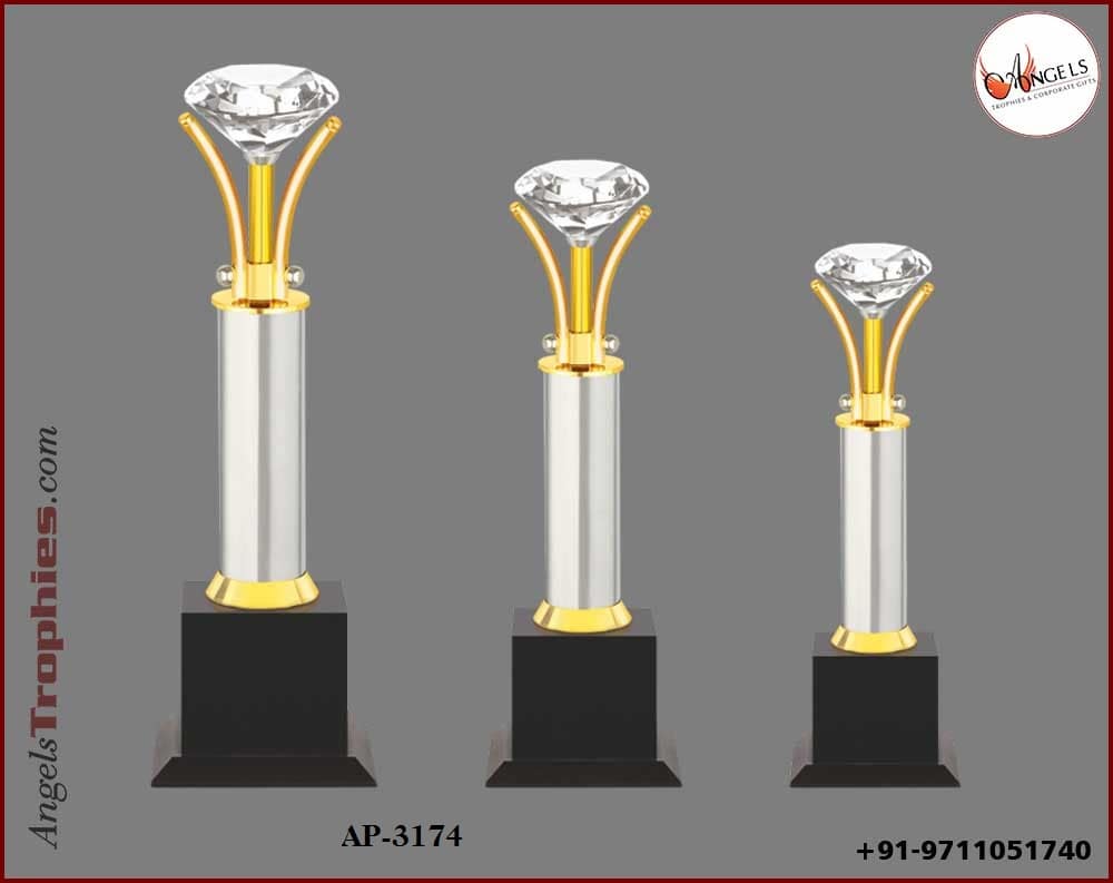 metal golden trophy silver award with diamond with base