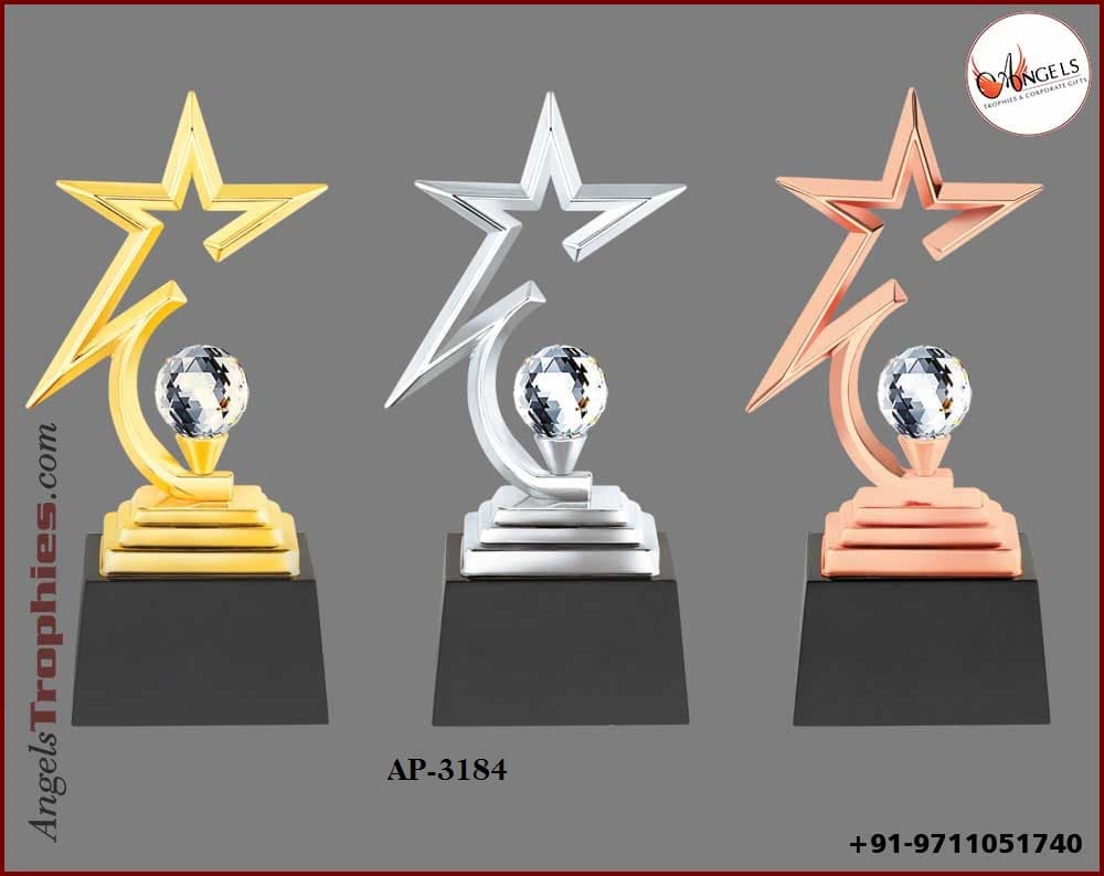 metal trophy award with golden silver bronze award with base
