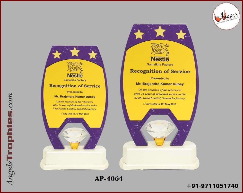 wooden plaque trophy with metal golden star with crystal diamond with white wooden base