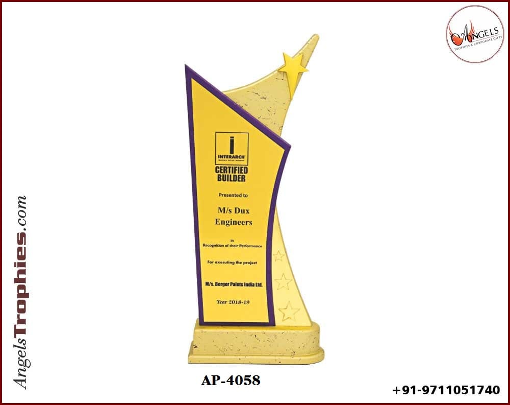 wooden golden award trophy with golden star with purple wooden sheet with wooden golden base
