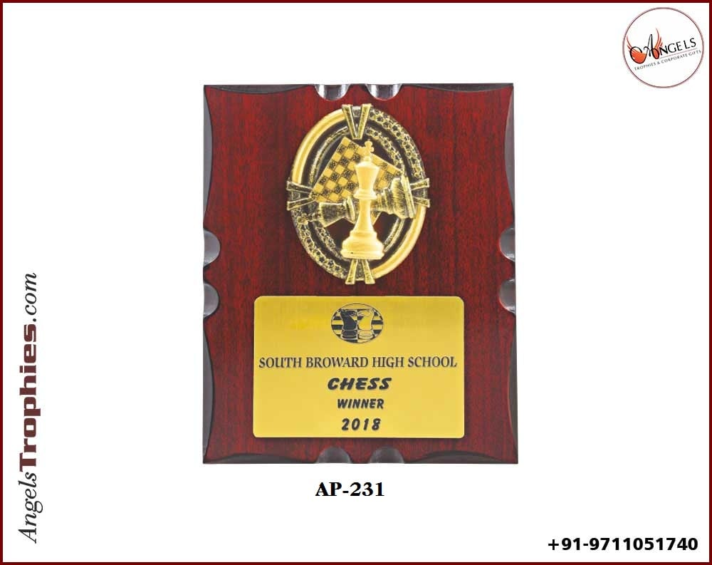 wooden shield plaque with chess riasin with golden plate