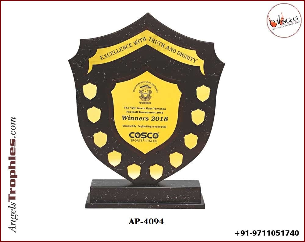 wooden shield award trophy with black wooden with golden plate with base