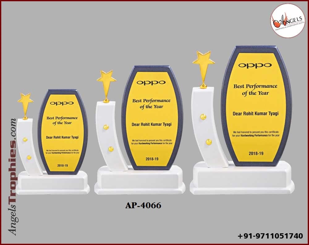 wooden award trophy with with white and blue wooden with metal golden star